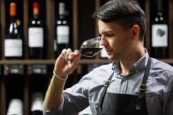 Sommelier smelling flavor of red wine in bokal on background of shelves with bottles in cellar. Male appreciating color, quality and sediments of drink. Professional degustation expert in winemaking. (photo: )